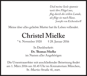 Traueranzeige von Christel Mielke von Süddeutsche Zeitung
