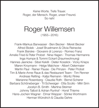 Traueranzeige von Roger Willemsen von Süddeutsche Zeitung