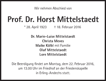 Traueranzeige von Horst Mittelstaedt von Süddeutsche Zeitung