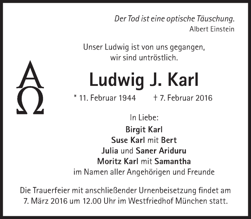  Traueranzeige für Ludwig J.  Karl vom 20.02.2016 aus Süddeutsche Zeitung