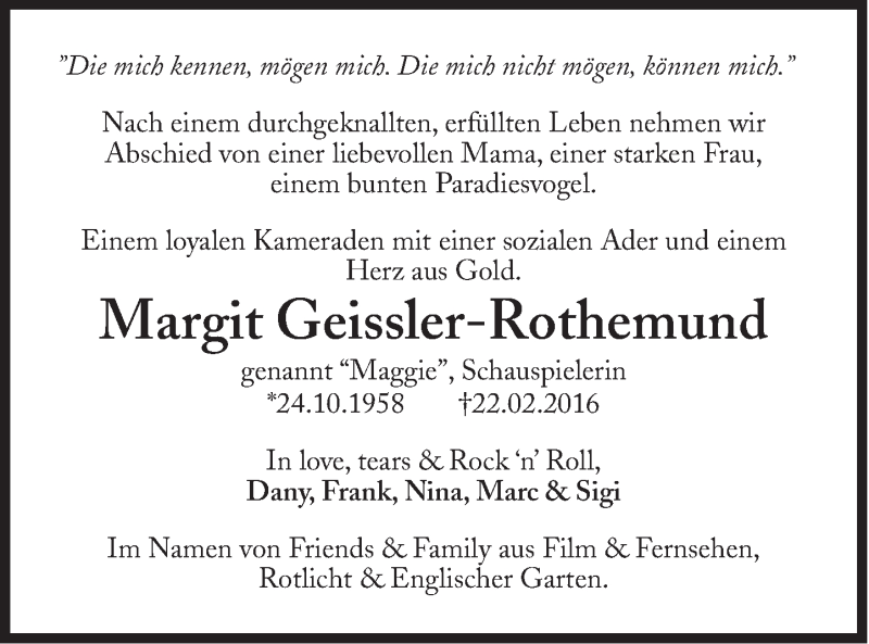  Traueranzeige für Margit Geissler-Rothemund vom 01.03.2016 aus Süddeutsche Zeitung