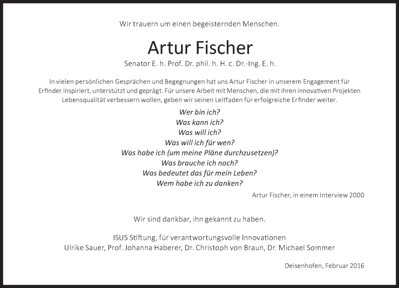  Traueranzeige für Artur Fischer vom 06.02.2016 aus Süddeutsche Zeitung