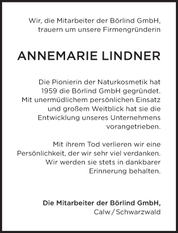 Traueranzeige von Annemarie Lindner von Süddeutsche Zeitung
