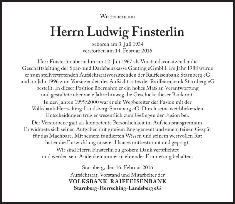  Traueranzeige für Ludwig Finsterlin vom 19.02.2016 aus Süddeutsche Zeitung