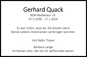 Traueranzeige von Gerhard Quack von Süddeutsche Zeitung