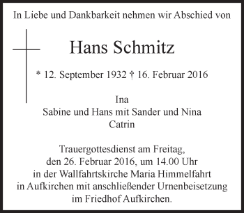 Traueranzeige von Hans Schmitz von Süddeutsche Zeitung