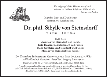 Traueranzeige von Sibylle von Steinsdorff von Süddeutsche Zeitung