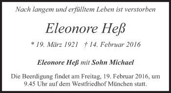 Traueranzeige von Eleonore Heß von Süddeutsche Zeitung