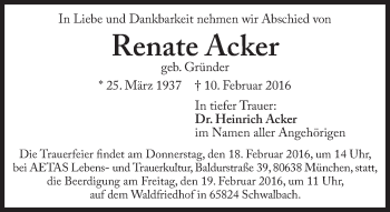 Traueranzeige von Renate Acker von Süddeutsche Zeitung