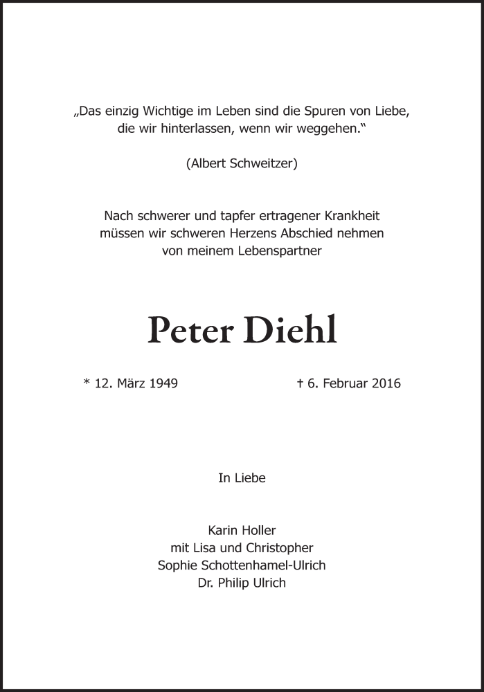  Traueranzeige für Peter Diehl vom 13.02.2016 aus Süddeutsche Zeitung