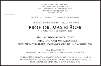 Traueranzeige von Prof. Dr. Max Kläger von Süddeutsche Zeitung