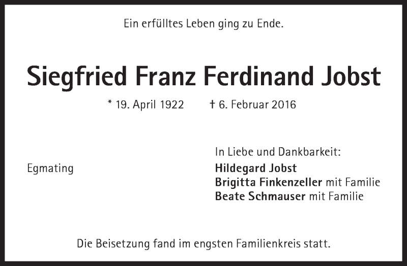  Traueranzeige für Siegfried Franz Ferdinand Jobst vom 20.02.2016 aus Süddeutsche Zeitung