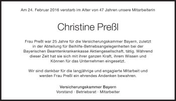 Traueranzeige von Christine Preßl von Süddeutsche Zeitung