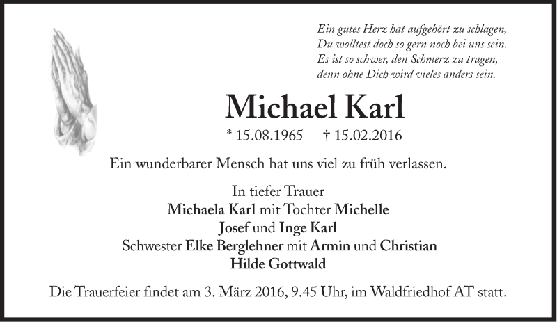  Traueranzeige für Michael Karl vom 18.02.2016 aus Süddeutsche Zeitung