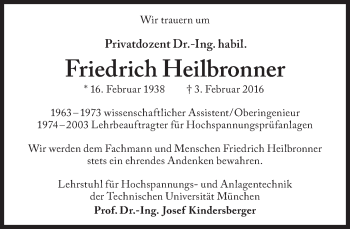 Traueranzeige von Friedrich Heilbronner von Süddeutsche Zeitung