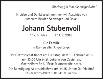 Traueranzeige von Johann Stubenvoll von Süddeutsche Zeitung