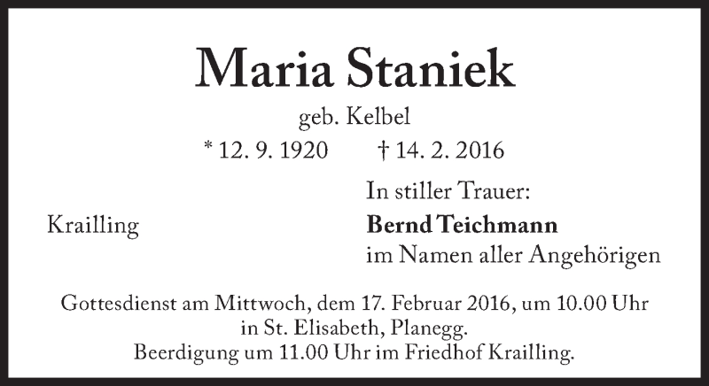  Traueranzeige für Maria Staniek vom 16.02.2016 aus Süddeutsche Zeitung