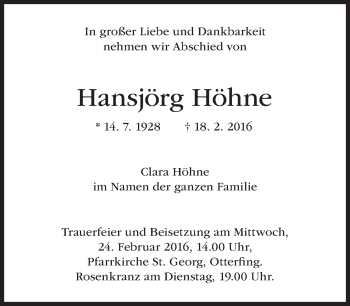 Traueranzeige von Hansjörg Höhne von Süddeutsche Zeitung