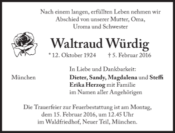 Traueranzeige von Waltraud Würdig von Süddeutsche Zeitung