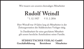 Traueranzeige von Rudolf Weindl von Süddeutsche Zeitung