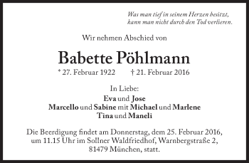 Traueranzeige von Babette Pöhlmann von Süddeutsche Zeitung