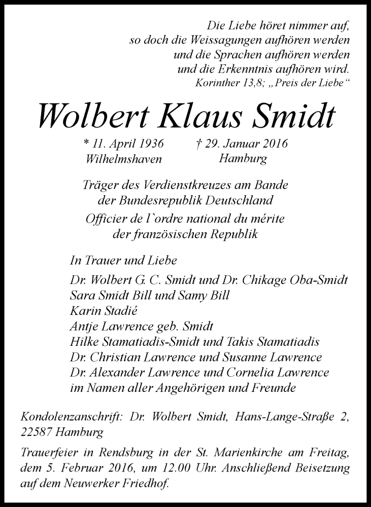  Traueranzeige für Wolbert Klaus Smidt vom 03.02.2016 aus Süddeutsche Zeitung