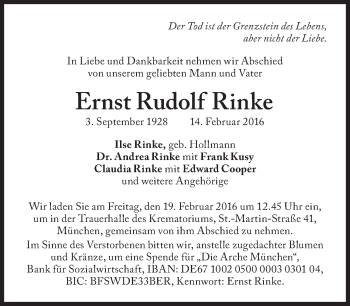 Traueranzeige von Ernst Rudolf Rinke von Süddeutsche Zeitung