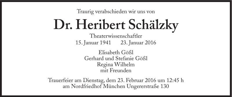  Traueranzeige für Heribert Schälzky vom 20.02.2016 aus Süddeutsche Zeitung