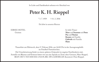 Traueranzeige von Peter Rieppel von Süddeutsche Zeitung