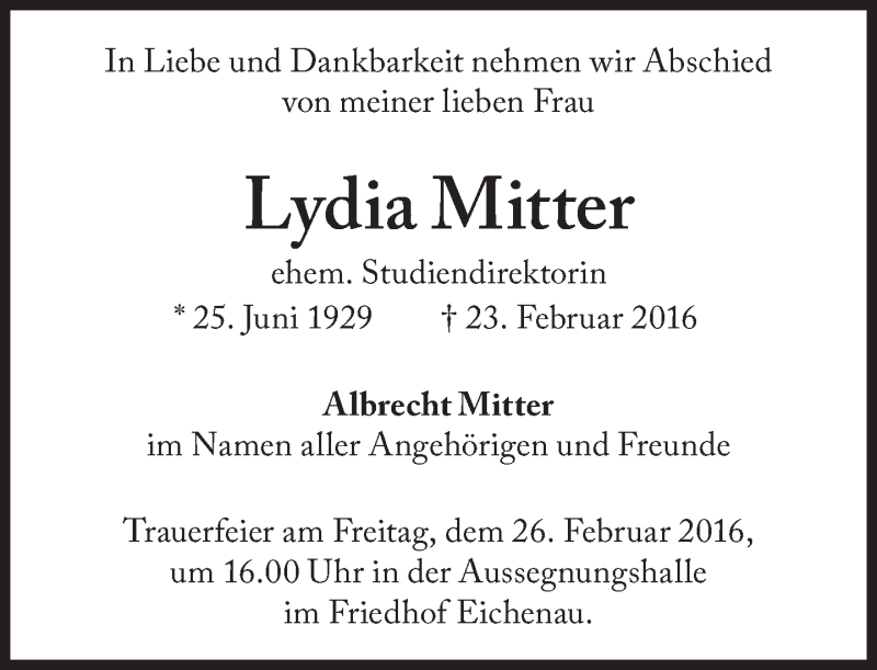 Traueranzeige für Lydia Mitter vom 25.02.2016 aus Süddeutsche Zeitung