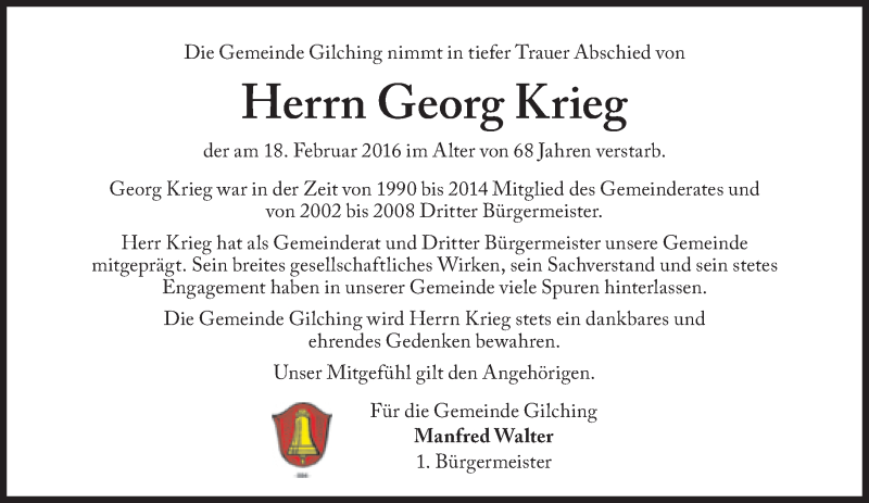  Traueranzeige für Georg Krieg vom 24.02.2016 aus Süddeutsche Zeitung