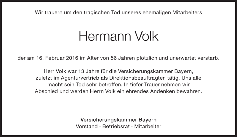  Traueranzeige für Hermann Volk vom 22.02.2016 aus Süddeutsche Zeitung
