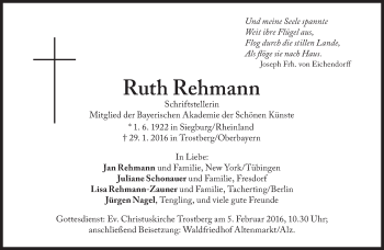 Traueranzeige von Ruth Rehmann von Süddeutsche Zeitung