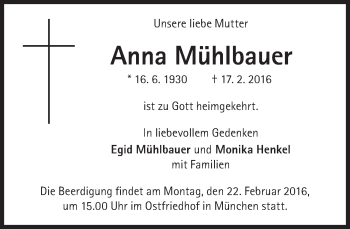 Traueranzeige von Anna Mühlbauer von Süddeutsche Zeitung