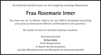 Traueranzeige von Rosemarie Irmer von Süddeutsche Zeitung