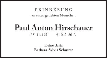 Traueranzeige von Paul Anton Hirschauer von Süddeutsche Zeitung