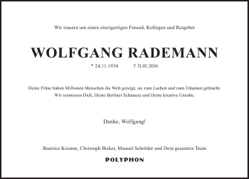 Traueranzeige von Wolfgang Rademann von Süddeutsche Zeitung