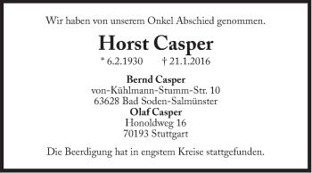 Traueranzeige von Horst Casper von Süddeutsche Zeitung