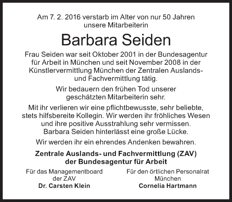  Traueranzeige für Barbara Seiden vom 20.02.2016 aus Süddeutsche Zeitung