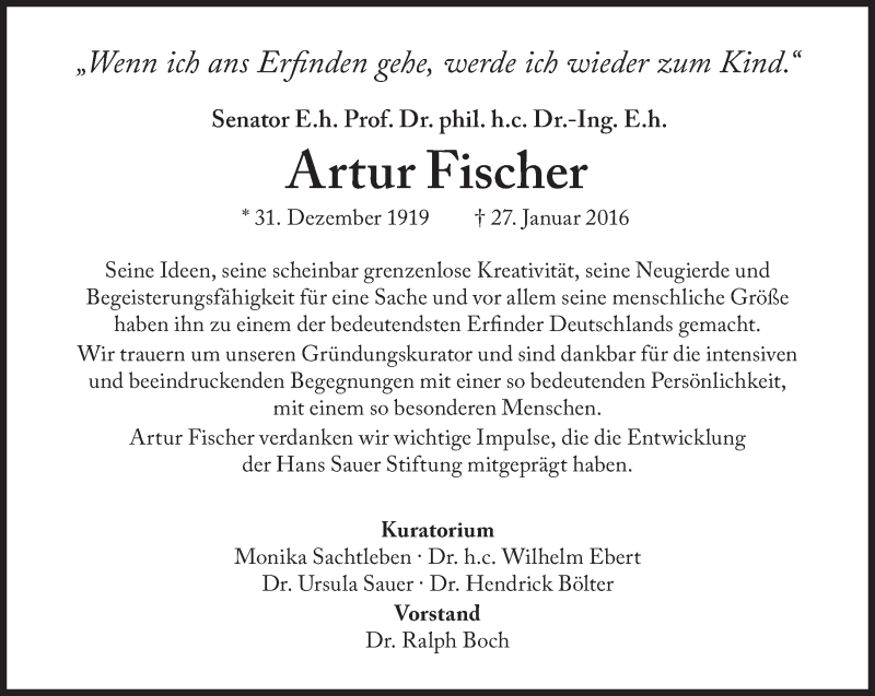  Traueranzeige für Artur Fischer vom 02.02.2016 aus Süddeutsche Zeitung