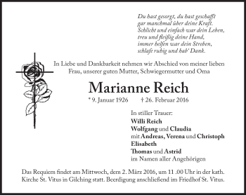 Traueranzeige von Marianne Reich von Süddeutsche Zeitung