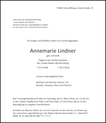 Traueranzeige von Annemarie Lindner von Süddeutsche Zeitung