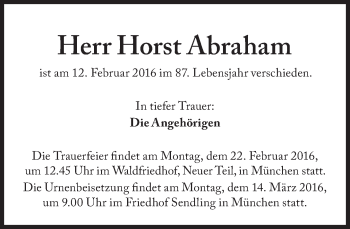 Traueranzeige von Horst Abraham von Süddeutsche Zeitung