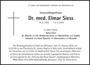 Traueranzeige von Elmar Siess von Süddeutsche Zeitung
