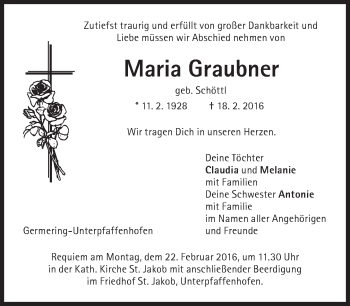 Traueranzeige von Maria Graubner von Süddeutsche Zeitung