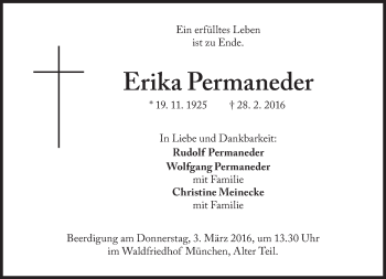 Traueranzeige von Erika Permaneder von Süddeutsche Zeitung
