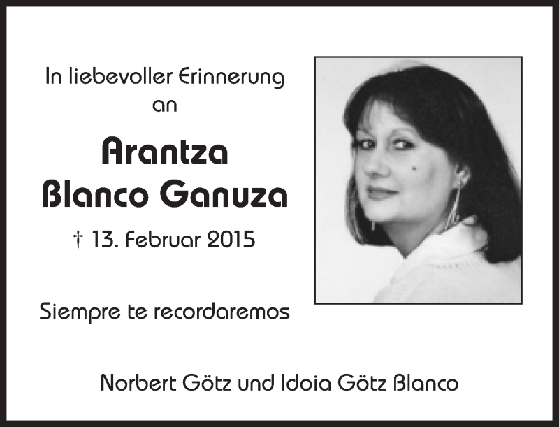  Traueranzeige für Arantza Blanco Ganuza vom 13.02.2016 aus Süddeutsche Zeitung