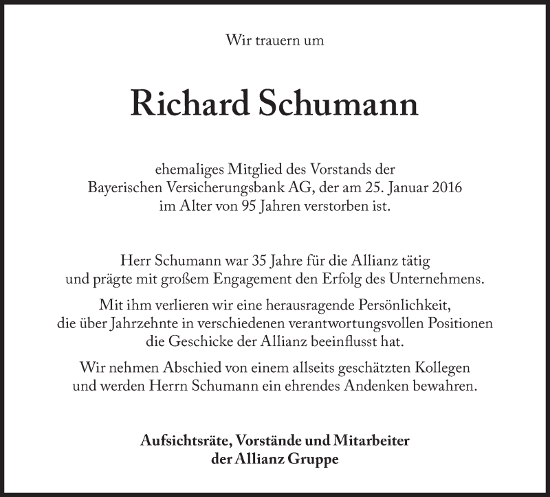  Traueranzeige für Richard Schumann vom 03.02.2016 aus Süddeutsche Zeitung
