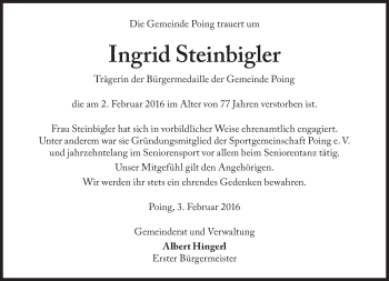 Traueranzeige von Ingrid Steinbigler von Süddeutsche Zeitung
