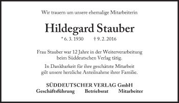 Traueranzeige von Hildegard Stauber von Süddeutsche Zeitung
